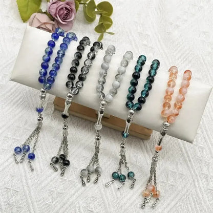 Handmade 33 Beads Muslims Rosary Ice Cracked Glass Tasbih with Tassels Pendant for Daily Prayers and Meditation Supply
