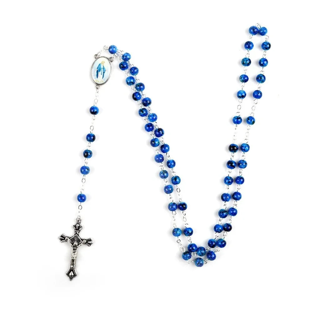 6mm Acrylic Glass Beads Rosary Necklace with Pearl Our Father Beads with Virgin Mary Boys and Girls