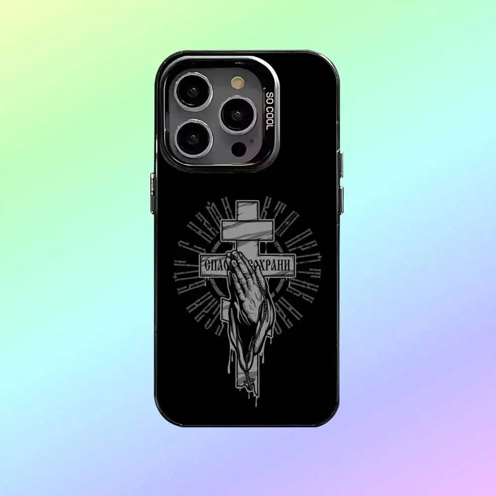 O-Orthodox Cross Icon Phone Case For iPhone17,16,15,14,13,12,11  Lens Border Silver Plated Cover Candy Matte Cover