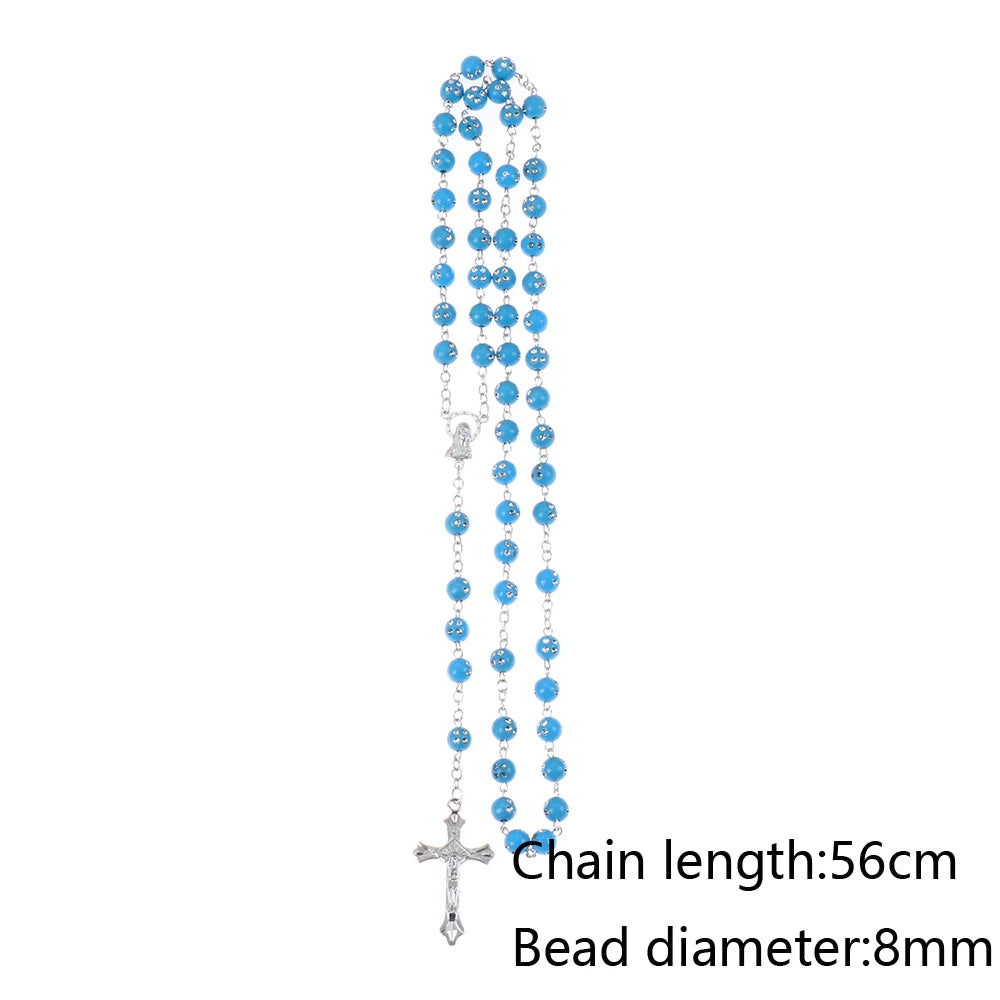 New Fashion Handmade Round Glass Bead Catholic Rosary Quality Bead Cross Necklace Beads Cross Religious Pendants Necklace