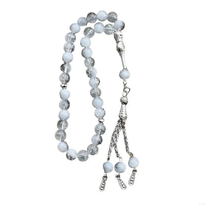 Handmade 33 Beads Muslims Rosary Ice Cracked Glass Tasbih with Tassels Pendant for Daily Prayers and Meditation Supply