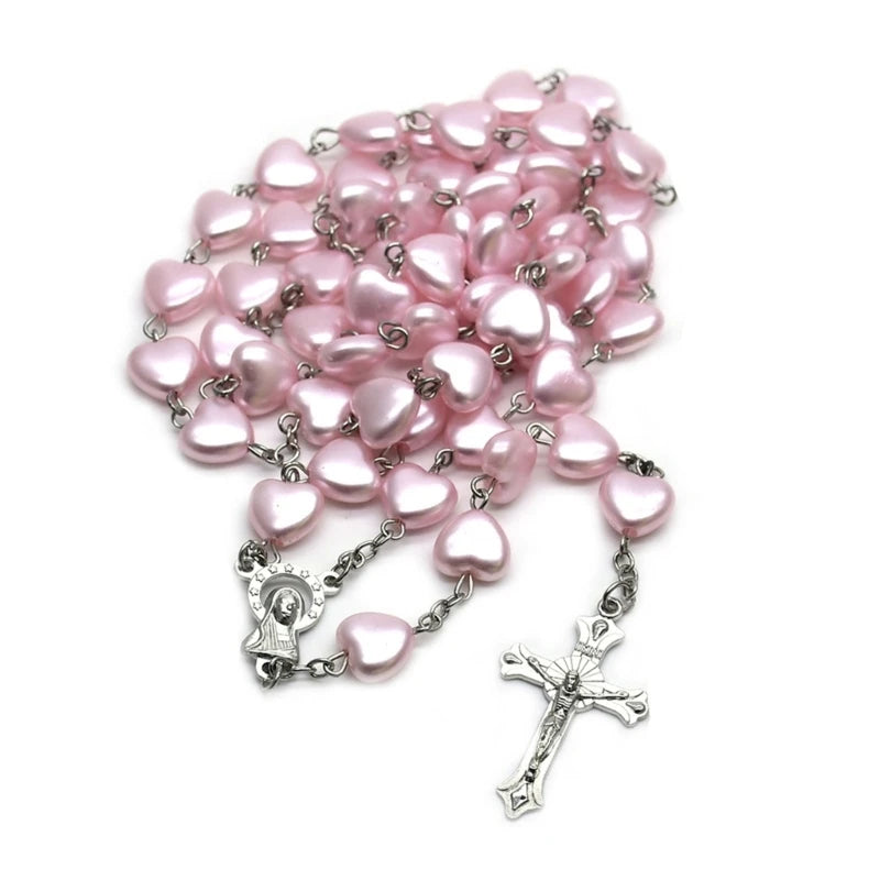 Heart Bead Rosary Necklaces Catholic Prayer Pink Heart-shaped Pendant Long Chain Christian Religious Jewelry Gift