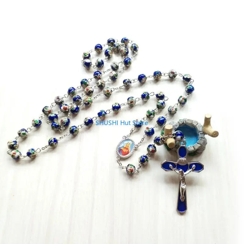 for Cross Rose Rosary Necklace Catholic Christ Pendant Bead Chain Hanging Ornament for Women Men Holy Prayer Religious D57B