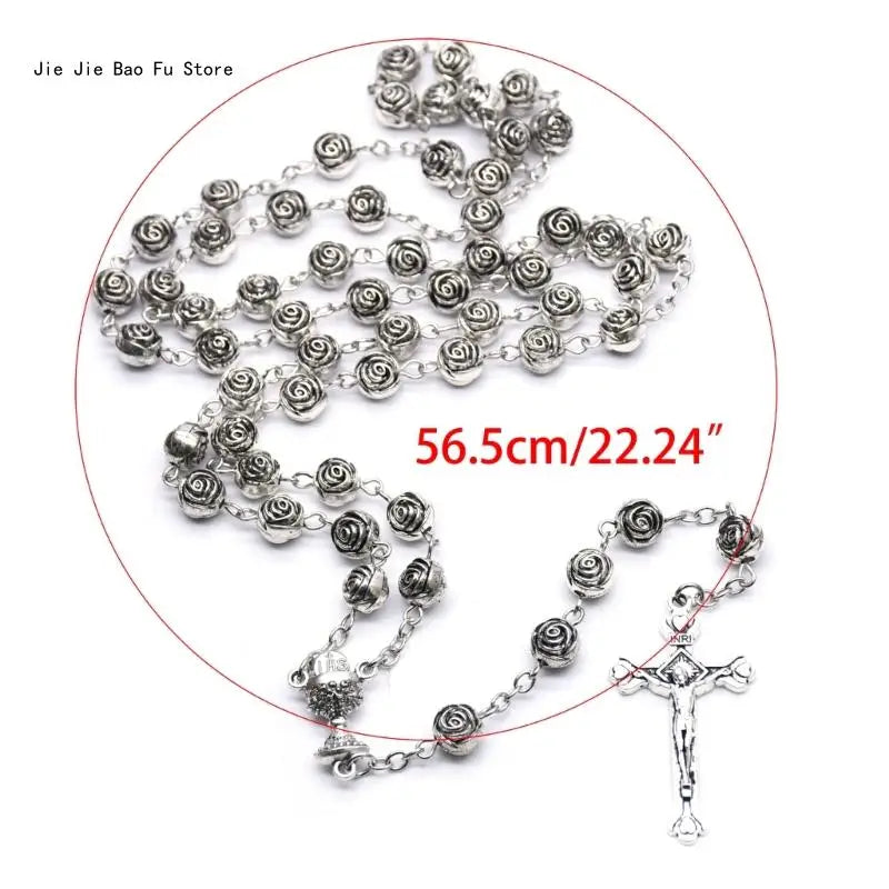 Catholic Rosary Necklace Plastic Rose Flowers Bead Cross Crucifix Pendant Vintage Religious Jewelry for Women Meditation