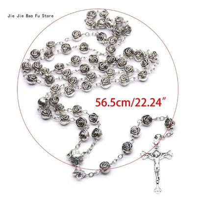 Catholic Rosary Necklace Plastic Rose Flowers Bead Cross Crucifix Pendant Vintage Religious Jewelry for Women Meditation