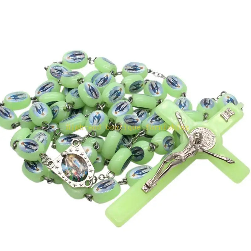 L9NB Catholic Angel Virgin Mary Luminous Rosary Religious Beads Wall Hanging Rosary for Cross Pendant Necklace Glow in The Da