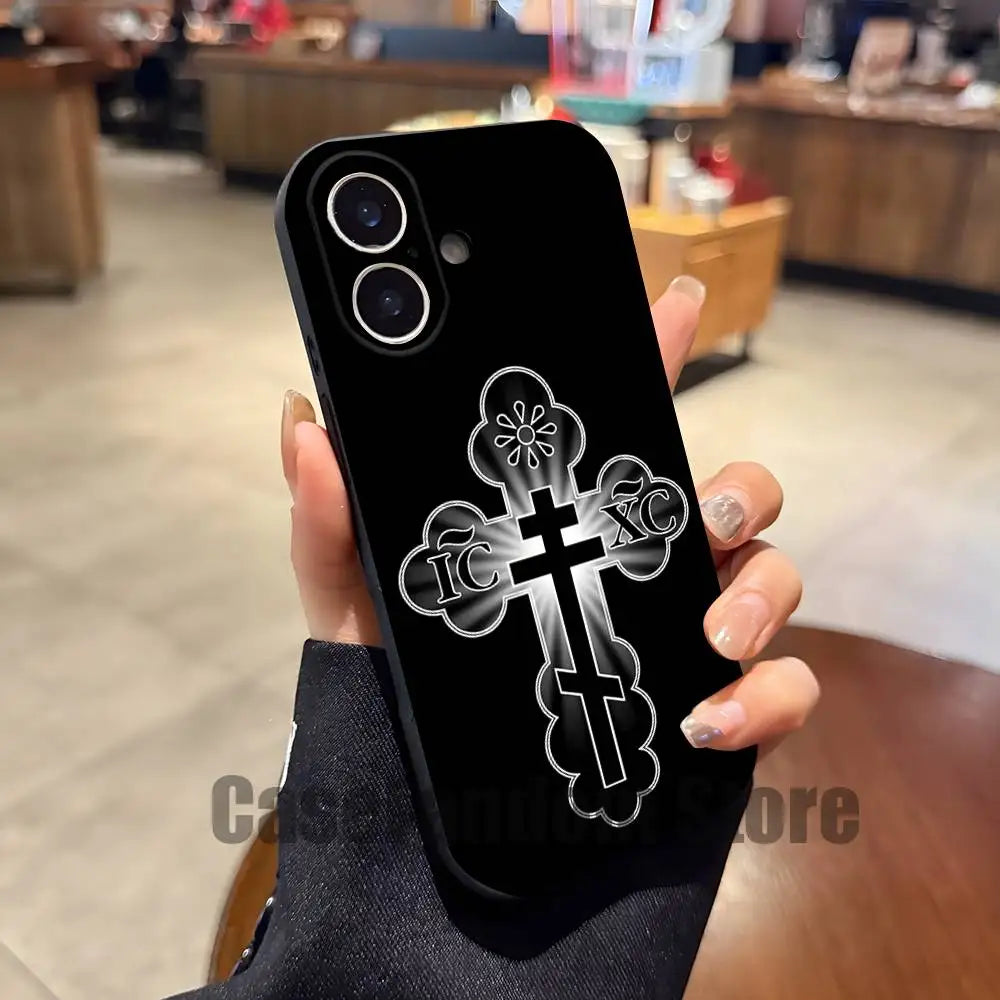 Orthodox Cross Icon Jesus God Phone Case For iPhone 17,16,15,14,13,12,11,Pro,Max,Plus Black Shockproof Soft Cover