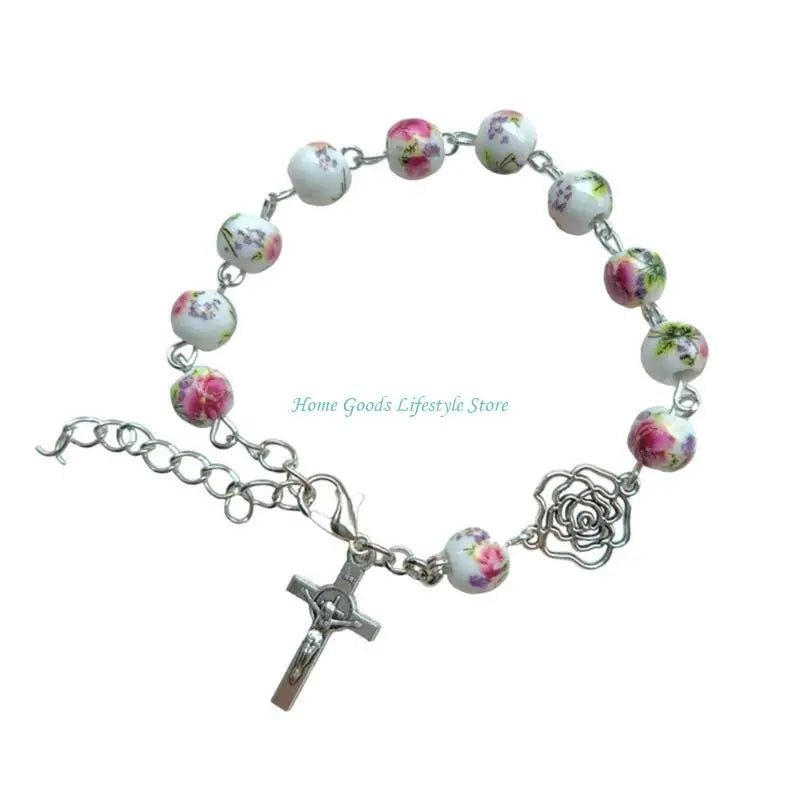 E74E Handmade Round Beads Bracelets Catholic Rosarys Beads Crosses Religious Pendants Bracelets Catholic Jewelry Gift