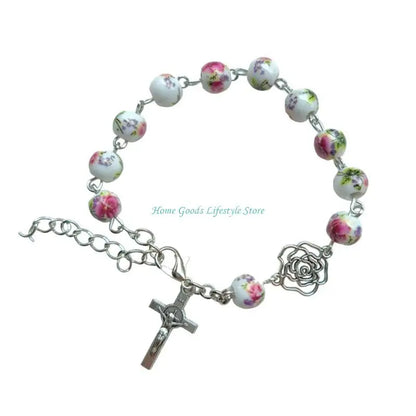 E74E Handmade Round Beads Bracelets Catholic Rosarys Beads Crosses Religious Pendants Bracelets Catholic Jewelry Gift