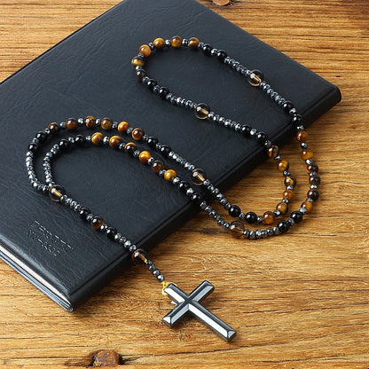 Hematite Tiger Eye Onyx Bracelets Catholi Christ Rosary Bead Long Bracelets for Men Hematite Cross Pendant Meditation Jewelry