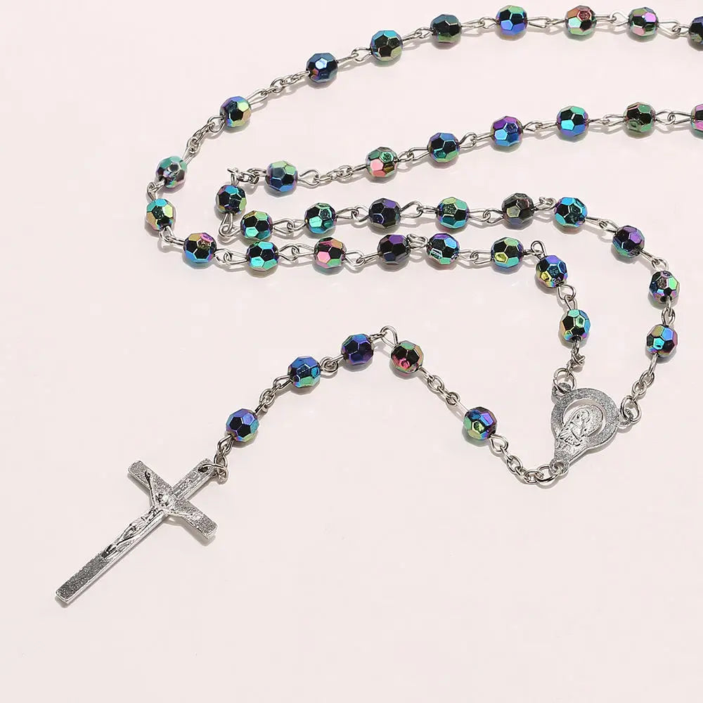 New Fashion Handmade Round Glass Bead Catholic Rosary Quality Bead Cross Necklace Beads Cross Religious Pendants Necklace