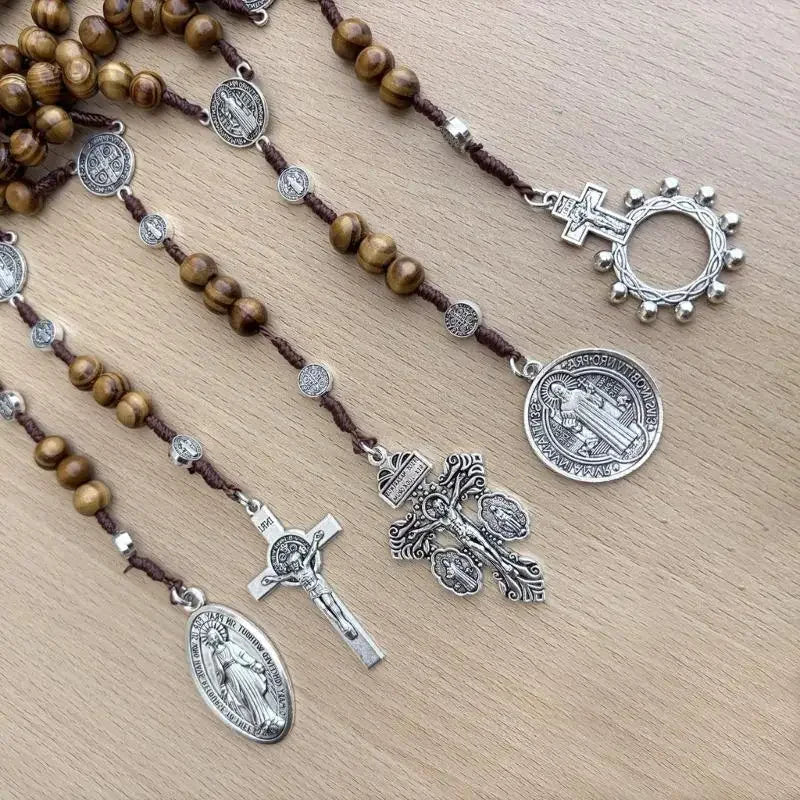 Braided Beads Chain Rosary Necklace with Pardon Crucifix Crosses Medals Pendant Christians Religious Communion Gift