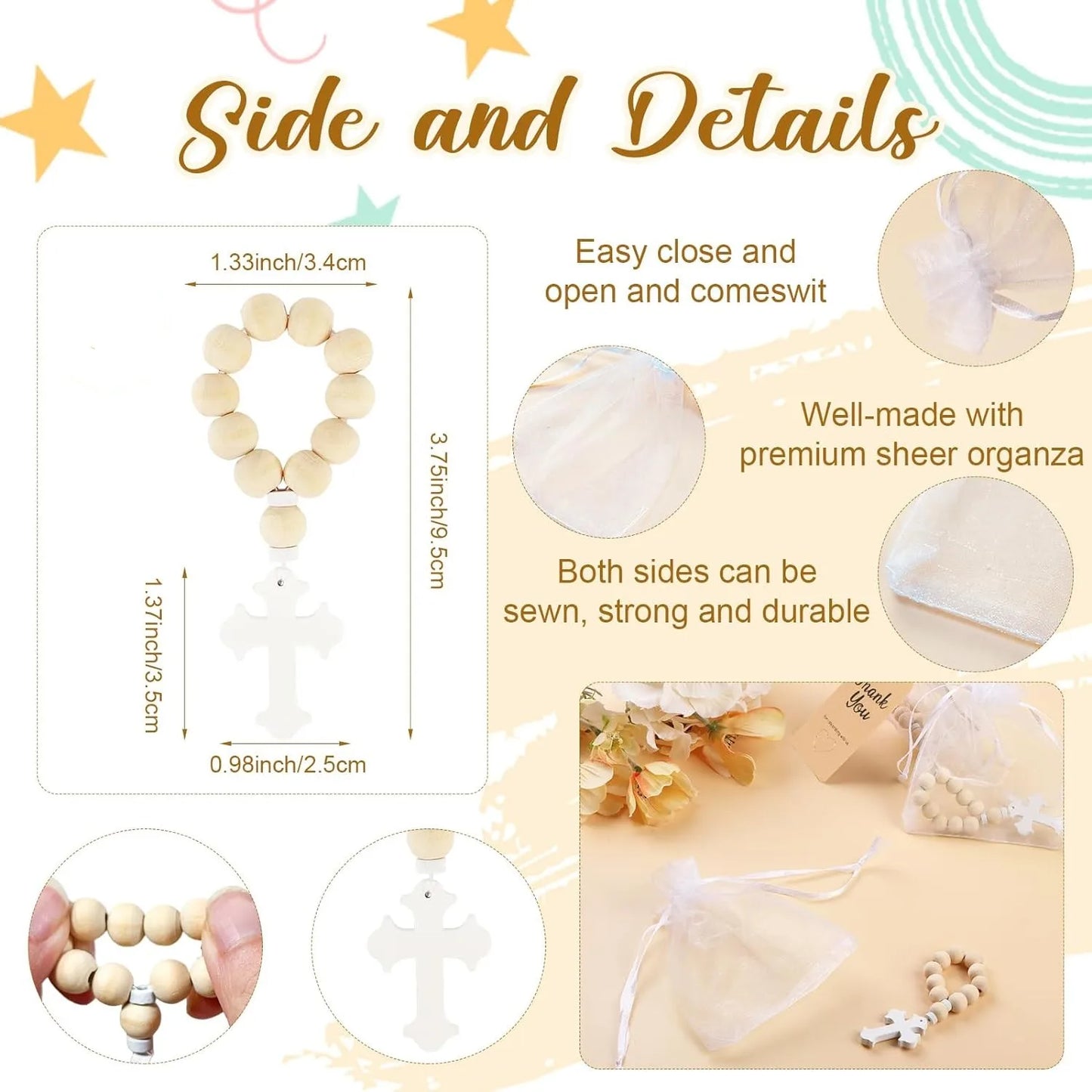 12/18PCS Catholic Wooden Rosary Bead with Cross Beads Christening Favors with White bag  for the First Communion Confirmation