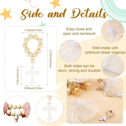 12/18PCS Catholic Wooden Rosary Bead with Cross Beads Christening Favors with White bag  for the First Communion Confirmation