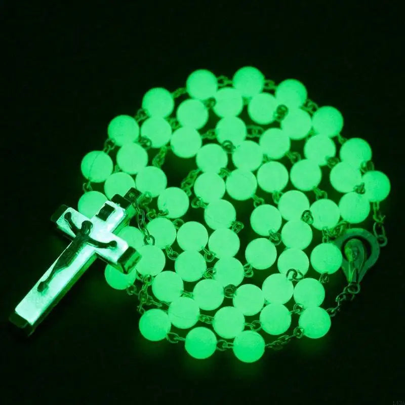 L43A Glow Rosary Necklace Jesus Christ for Cross Pendant Noctilucent Chai