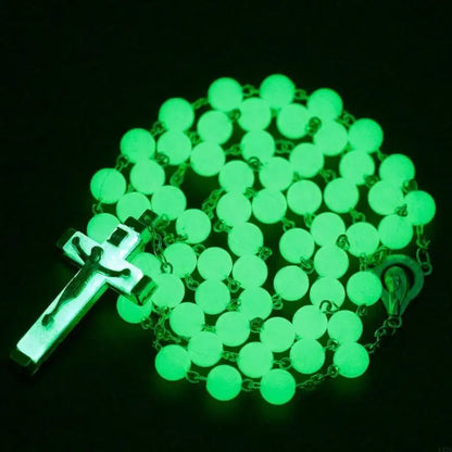 L43A Glow Rosary Necklace Jesus Christ for Cross Pendant Noctilucent Chai