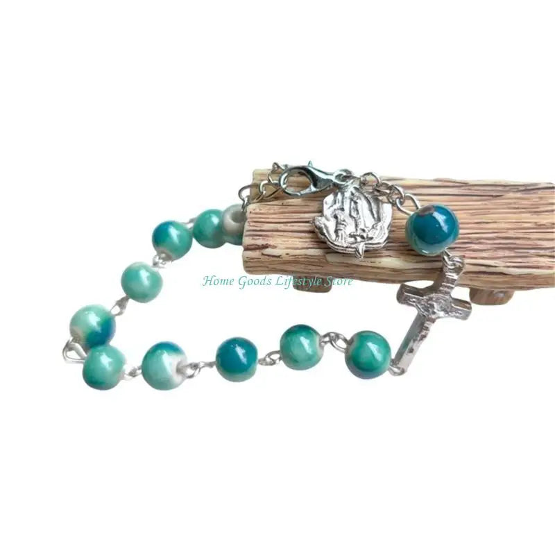 E74E Handmade Round Beads Bracelets Catholic Rosarys Beads Crosses Religious Pendants Bracelets Catholic Jewelry Gift