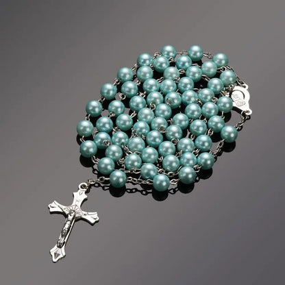 Vintage Rosary Beads Chain Cross Necklace Handmade Quality  Glass Bead Catholic Rosary Religious Crucifix Pendants Necklace