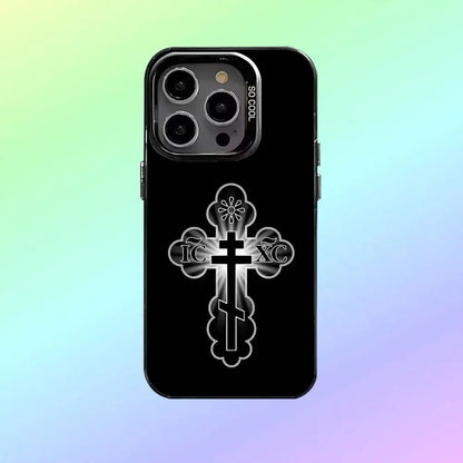 O-Orthodox Cross Icon Phone Case For iPhone17,16,15,14,13,12,11  Lens Border Silver Plated Cover Candy Matte Cover
