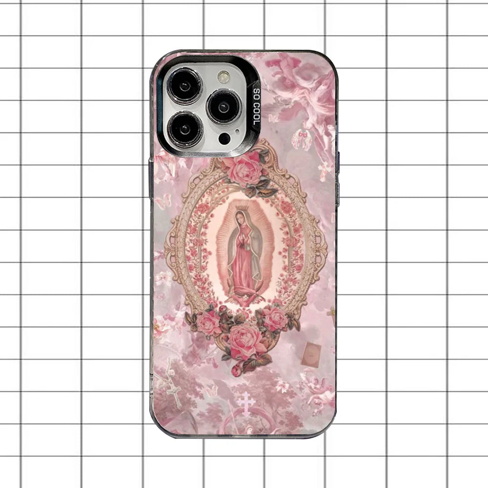 Virgin Mary Jesus Heart Phone Case For iPhone 16,15,14,13,12,11,8,7,Pro,Max,Plus,Mini,XS,SE Anti Fall Black Matte Hard