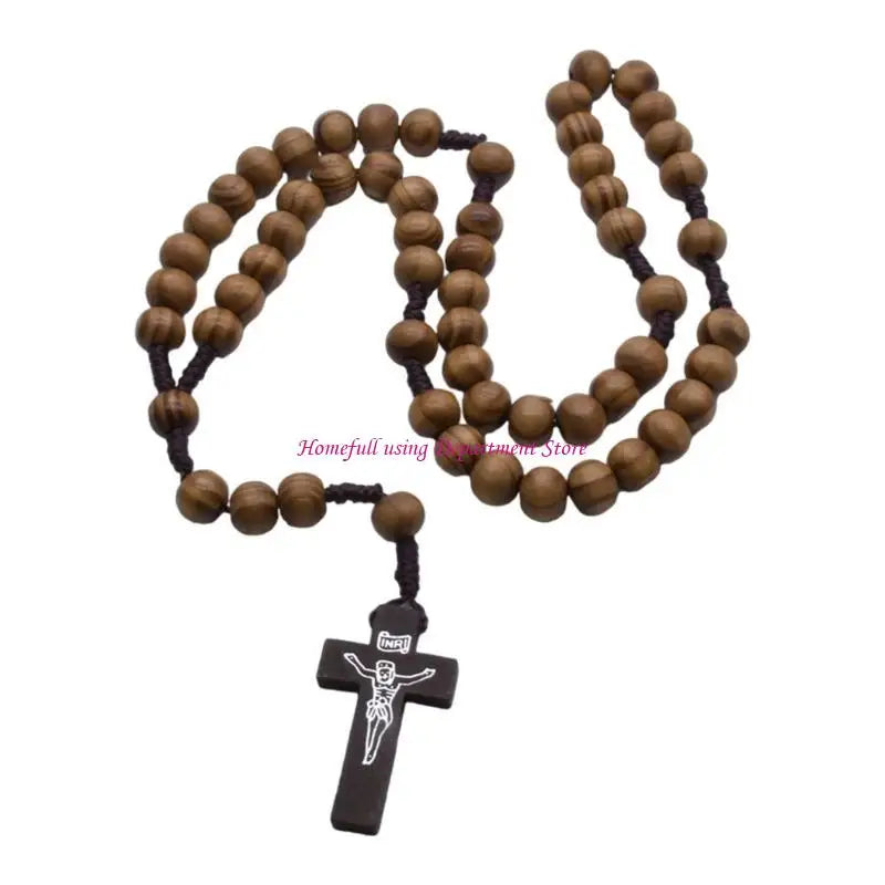 Catholic Prayer Beads Rosary Necklace with Wooden Crosses Pendant Religious Accessories for Communion and Baptisms