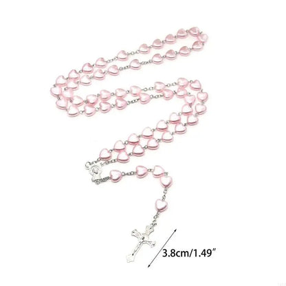 Y51B Catholic Rosary Necklaces Pink Heart-shaped Beads Long Chain for Women