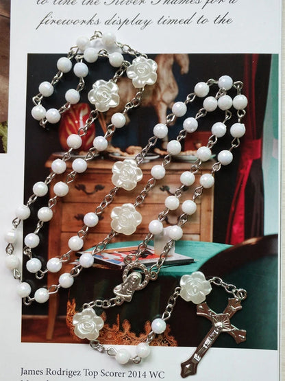 QIGO White Rose Plastic Rosary Necklace Long Jesus Cross Religious Prayer Jewelry