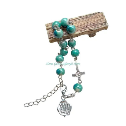 E74E Handmade Round Beads Bracelets Catholic Rosarys Beads Crosses Religious Pendants Bracelets Catholic Jewelry Gift