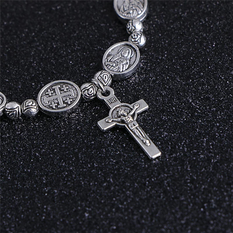 Handmade Rosary Bracelet Elasticated Metal   Round Rose Alloy Beads Catholic Saints Images Prayer  Car Ornament