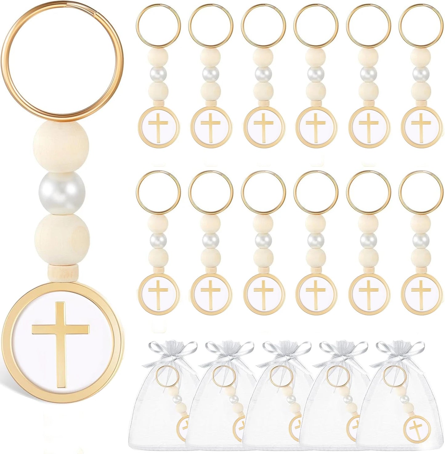 10/20Pcs First Holy Communion Favors Rosary Beads with Cross Crucifix Keychain with White Organza Bag Baptism Favors