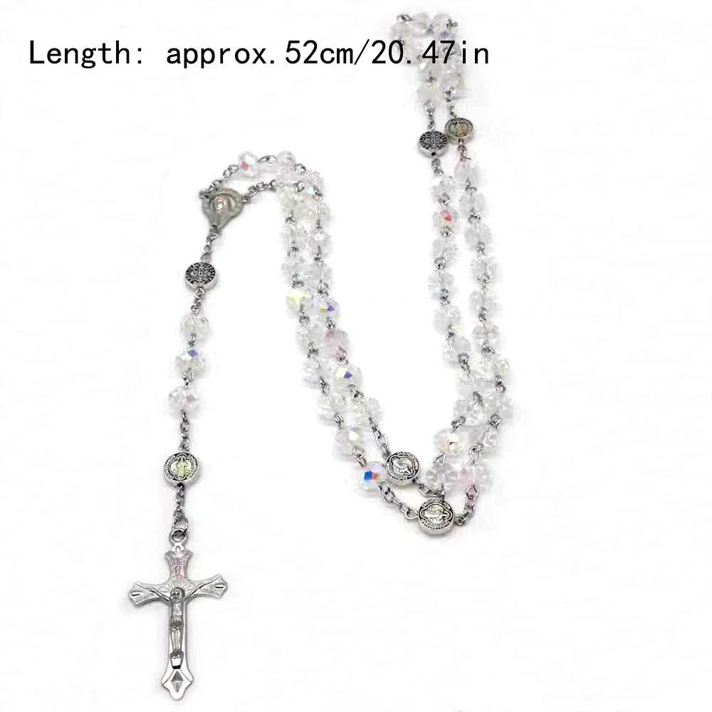 New Fashion Handmade Round Glass Bead Catholic Rosary Quality Bead Cross Necklace Beads Cross Religious Pendants Necklace