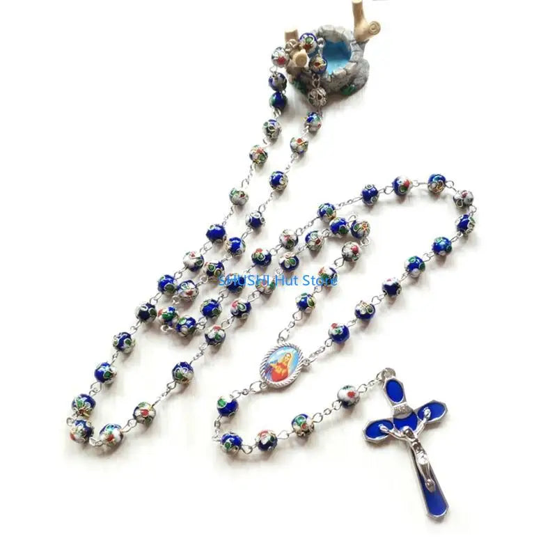 for Cross Rose Rosary Necklace Catholic Christ Pendant Bead Chain Hanging Ornament for Women Men Holy Prayer Religious D57B