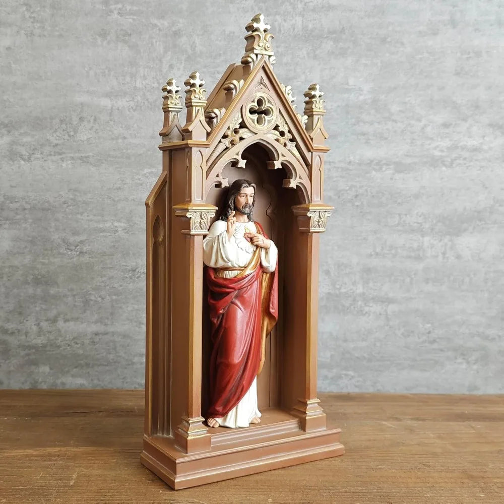 BC Catholic Sacred Heart of Jesus Statue, Jesus Christ Sculpture, 14.9 H Blessed Tabletop Shrine with LED Light, Religious Gift