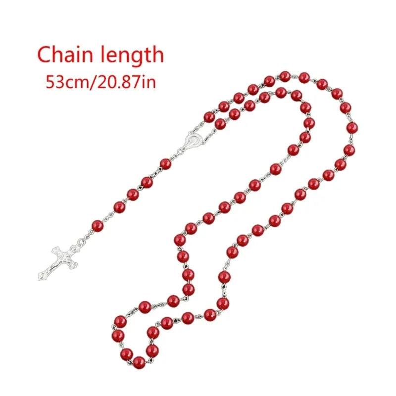 Imitation Pearl Rose Rosary Necklace Pendant Women Catholic Religious Gift