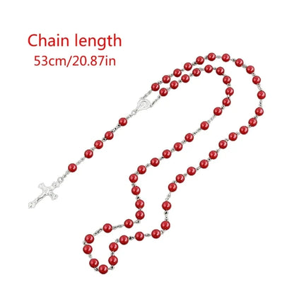 Imitation Pearl Rose Rosary Necklace Pendant Women Catholic Religious Gift