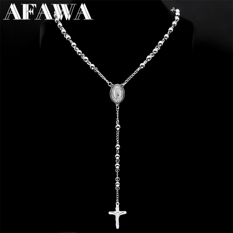 Religious Catholic Virgin Mary Jesus Cross Rosary Necklace for Men Women Stainless Steel Christian Christ Long Chain JewelryZZZ