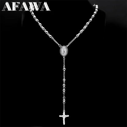 Religious Catholic Virgin Mary Jesus Cross Rosary Necklace for Men Women Stainless Steel Christian Christ Long Chain JewelryZZZ