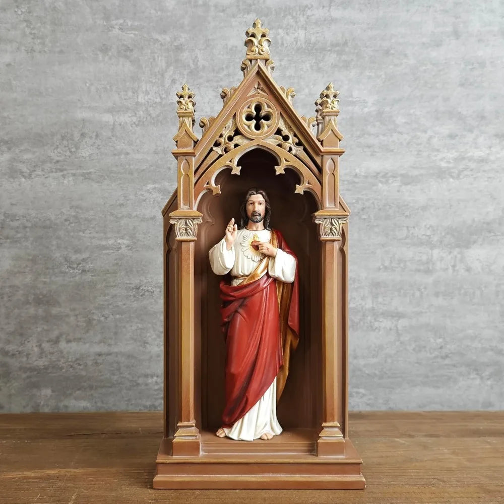 BC Catholic Sacred Heart of Jesus Statue, Jesus Christ Sculpture, 14.9 H Blessed Tabletop Shrine with LED Light, Religious Gift