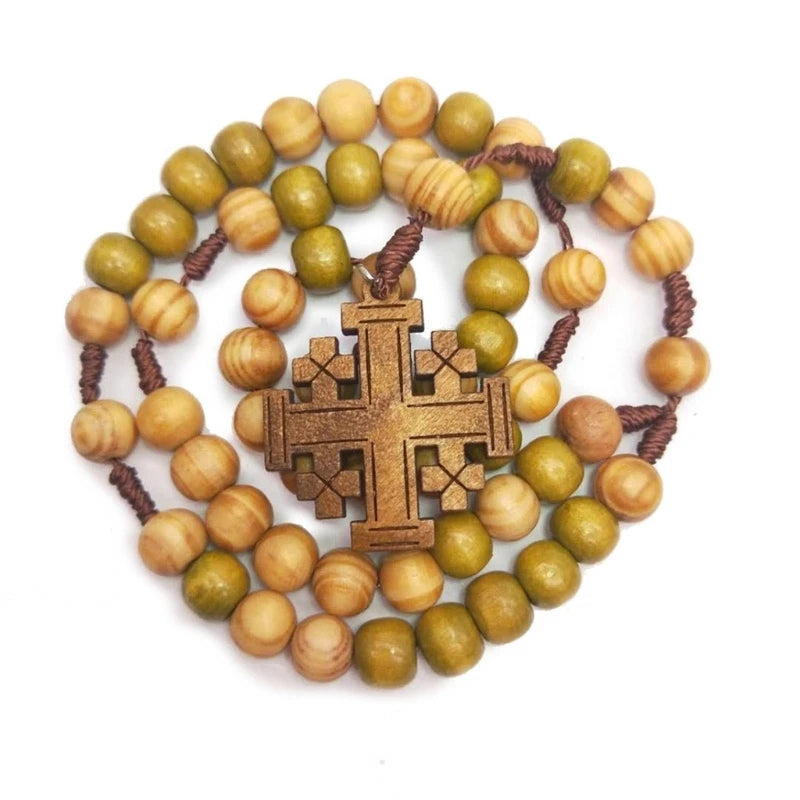 Wood Beads Rosary Necklaces Catholic Jerusalem Cross Pendant Necklaces for Women Jewelry Christian Religious Gift DropShipping