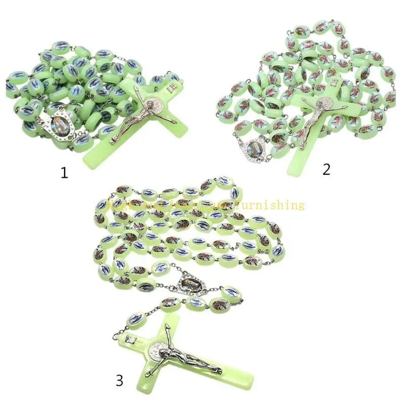 L9NB Catholic Angel Virgin Mary Luminous Rosary Religious Beads Wall Hanging Rosary for Cross Pendant Necklace Glow in The Da