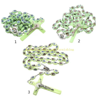 L9NB Catholic Angel Virgin Mary Luminous Rosary Religious Beads Wall Hanging Rosary for Cross Pendant Necklace Glow in The Da