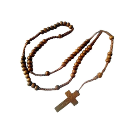 Wood Beads Cross Rosary Necklace Holy Catholic Jewelry Charm Crafts for Christian Church Home Bedroom Decoration
