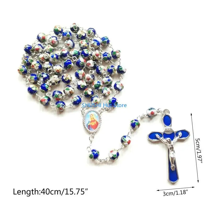 for Cross Rose Rosary Necklace Catholic Christ Pendant Bead Chain Hanging Ornament for Women Men Holy Prayer Religious D57B