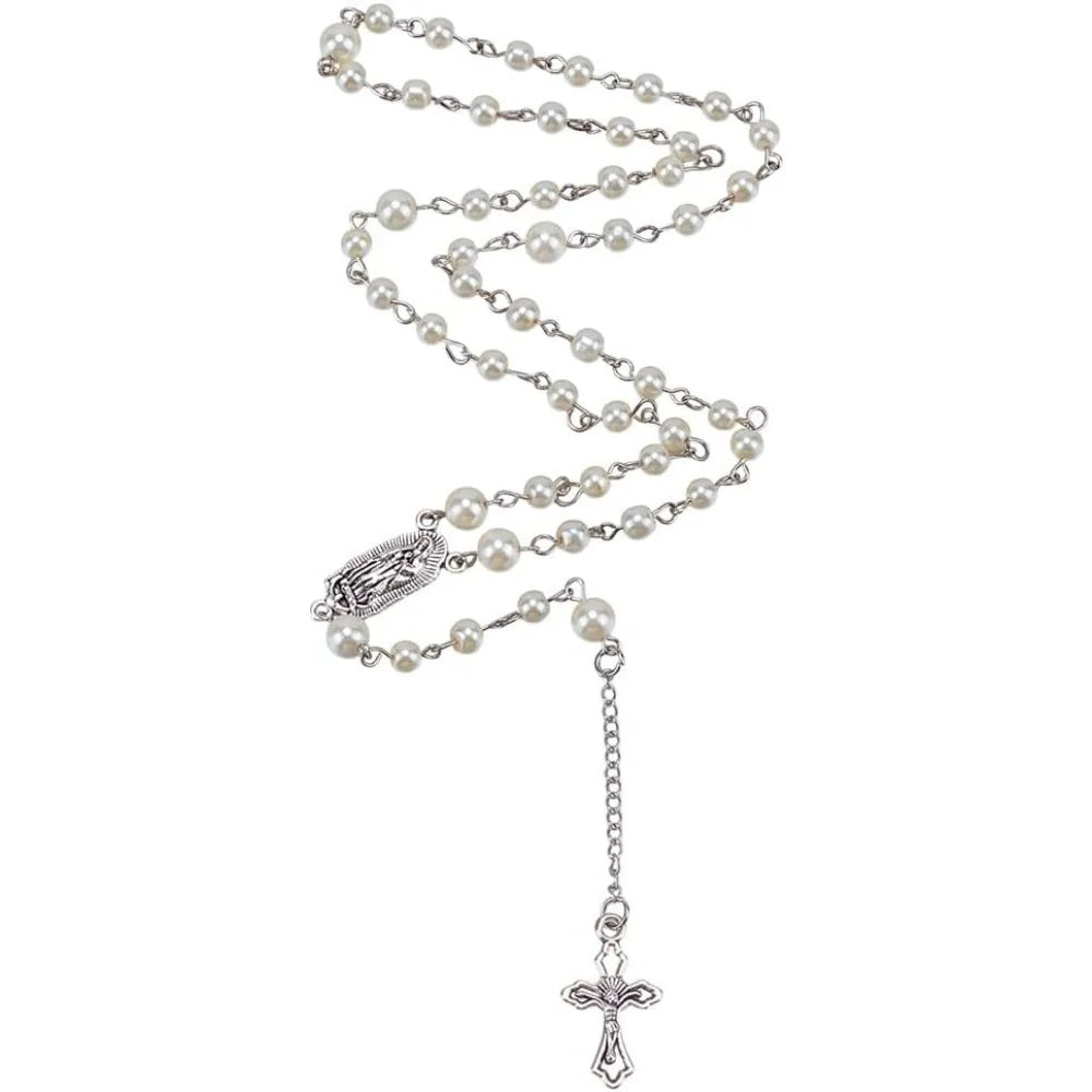 Gothic Long Bead Rosary Cross Necklace White Pearl Beads Rosary Necklace Pearl Cross Vintage Necklaces Crucifix with Medal