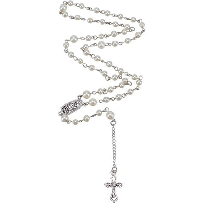 Gothic Long Bead Rosary Cross Necklace White Pearl Beads Rosary Necklace Pearl Cross Vintage Necklaces Crucifix with Medal