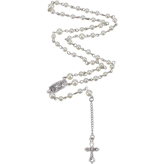 Gothic Long Bead Rosary Cross Necklace White Pearl Beads Rosary Necklace Pearl Cross Vintage Necklaces Crucifix with Medal