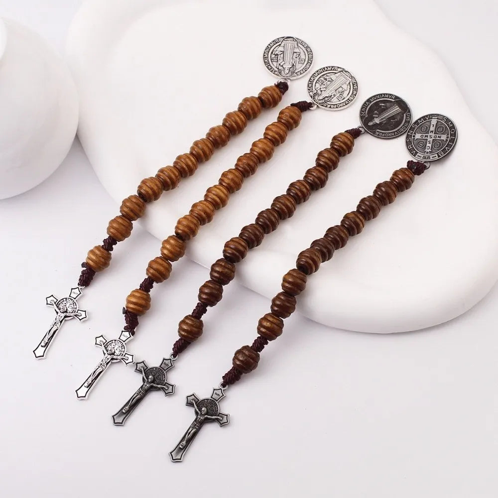 Vintage Saint Benedict Medal Prayer Alloy Wooden Prayer Beads Blessing Handmade Saint Benedict Rosary Catholic Prayer