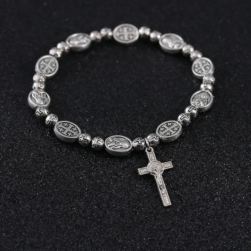 Handmade Rosary Bracelet Elasticated Metal   Round Rose Alloy Beads Catholic Saints Images Prayer  Car Ornament