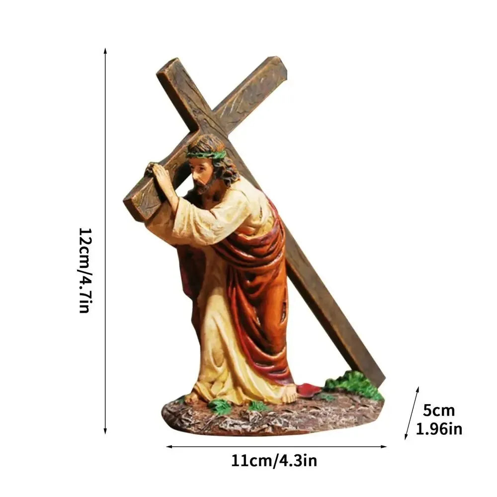 Jesus on The Way To Calvary Jesus Cross Statue Realistic Resin Christ Figure Waterproof Handmade Catholic Religious Accessories