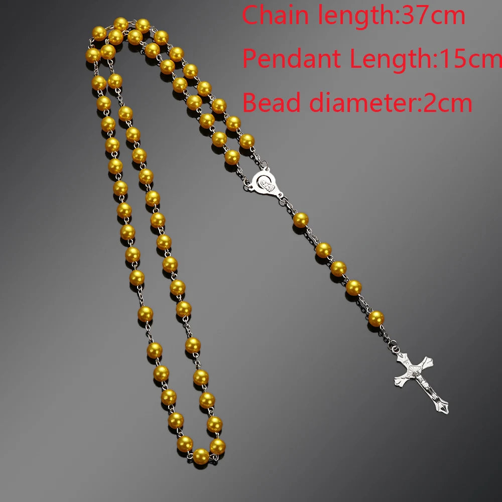 New Fashion Handmade Round Glass Bead Catholic Rosary Quality Bead Cross Necklace Beads Cross Religious Pendants Necklace